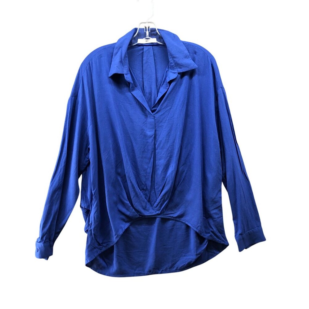Six/Fifty Linen‎ Blend Long Sleeve Blouse Womens M Royal Blue High Low Collared